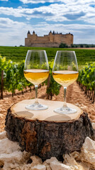 Two Glasses of White Wine Sit on a Tree Stump in a Vineyard with a Castle in the Background