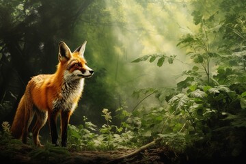 Red fox in vibrant forest illuminated by soft sunlight through foliage