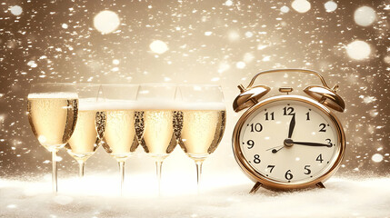 Four Champagne Flutes and a Gold Alarm Clock Almost at Midnight on a Snowy Surface