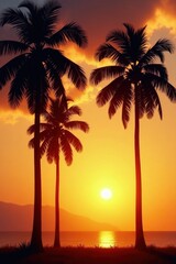Palm trees stand tall amidst peaceful evening atmosphere with golden hues of sinking sun, beach scenery, calm waters