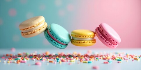Obraz premium Pastel rainbow macarons suspended in mid-air amidst a colorful candy sprinkle gradient background, purple, confectionery