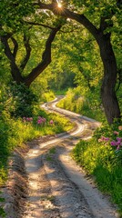 Naklejka premium Sunlit winding path through lush green forest, wildflowers blooming. Use Travel, nature posters