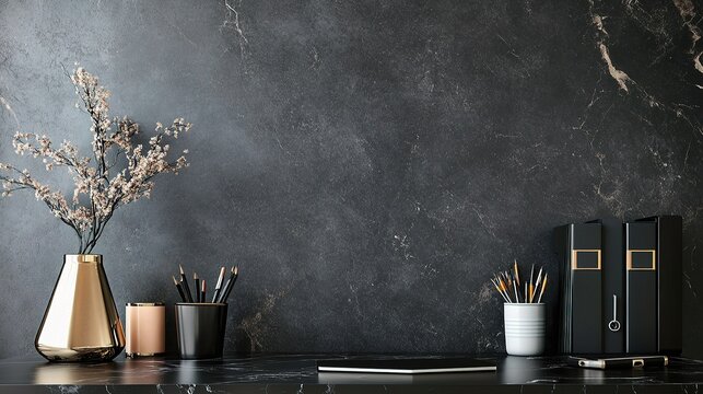 Modern Minimalist Workspace:  A sleek and minimalist workspace with a dark, textured backdrop. Gold and black accents bring a touch of sophistication to the space.