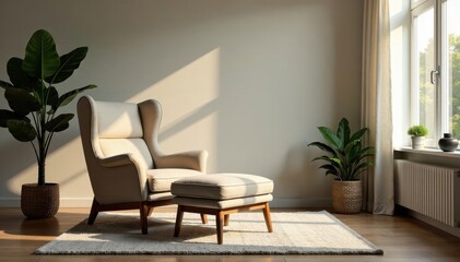 Plush armchair with matching ottoman in cozy living room, calm atmosphere, soft textiles