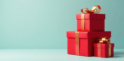 Red gift boxes stacked on top of each other with gold bows and ribbon wrapped around them, red gift boxes, presents