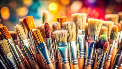 Close-up of paintbrushes, sharply focused, bokeh background, artistic supplies.