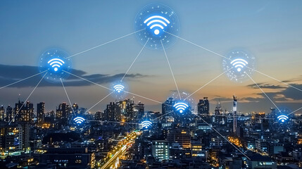 Naklejka premium A futuristic smart city with illuminated skyscrapers and interconnected nodes visualizing digital connectivity