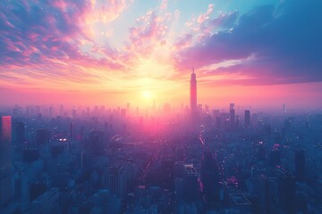 Fototapeta premium City skyline at sunset, vibrant colors paint the sky above a sprawling metropolis.
