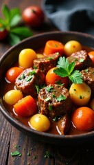 Rich beef stew with chunky carrots and potatoes, savory stew, chunky stew