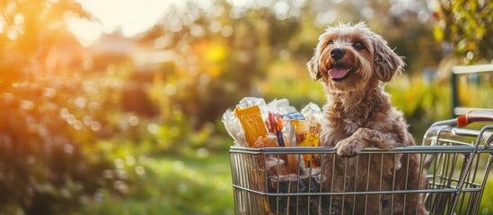 A dog sitting in a shopping cart filled with pet supplies, against a natural background, in a panoramic shot