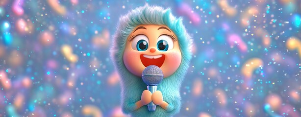 Cheerful Cartoon Character with Microphone in Pastel Background