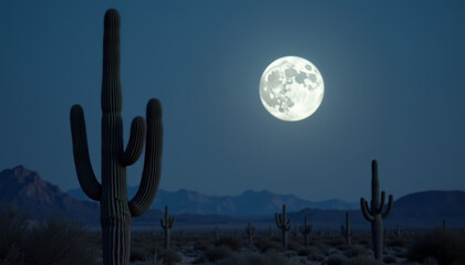 Cactus Under Full Moon in Desert Night