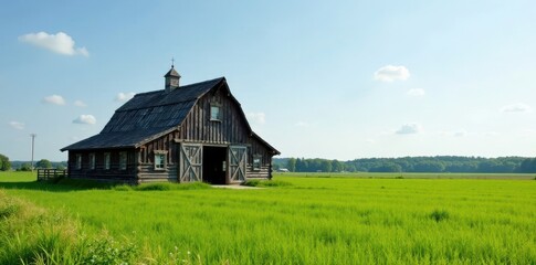 Obraz premium Rustic wooden barn house standing alone in a green meadow, country, fields