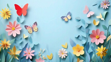 Obraz premium Papercut Spring: A vibrant papercraft design featuring delicate paper flowers and fluttering butterflies in a whimsical, abstract landscape.