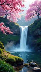 Fototapeta premium Sakura flowers blooming around misty waterfall in forest clearing , sakura, water