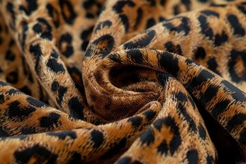 Fototapeta premium Macro leopard print fabric texture. Warm tones, detailed fibers, and realistic pattern. Deep inviting folds showcase the plush velvety texture.