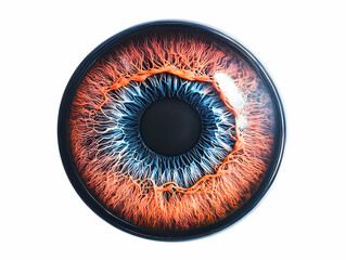 Close-up of an orange and blue iris displays intricate details and textures with a dark pupil.