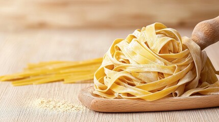 Freshly Made Fettuccine Pasta on a Wooden Board with Flour