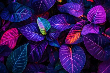 Vibrant neon tropical leaves background.