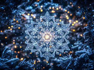 Fototapeta premium Intricate Snowflake Glows Amongst Snowy Pine Branches and Festive Lights