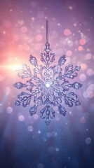 Intricate Glass Snowflake Ornament Hangs Gracefully Against a Soft, Dreamy Purple Background with Sparkling Bokeh