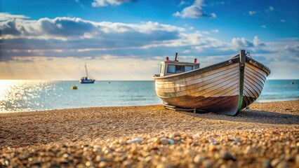 Obraz premium Weathered Boat on Pebble Beach with Scenic Seascape and Tourists in Deal, Kent - Bokeh Effect