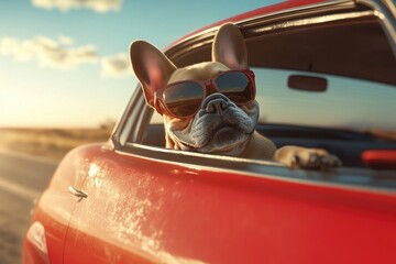 A French Bulldog wearing sunglasses and driving in the back seat of a red car, with a happy expression