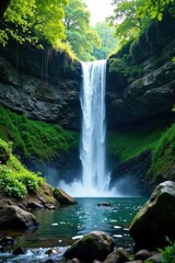 Fototapeta premium Serene waterfall cascading through dense foliage, nature, greenery