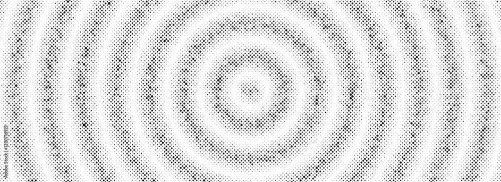 Poster Black radial halftone circles. Dotted sound wave rings. Stippled epicenter, target, radar icon concept. Ripple concentric signal vibration element. Vector round dashed and dotted gradient pattern