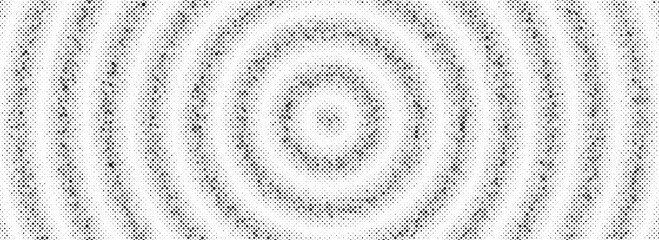 Black radial halftone circles. Dotted sound wave rings. Stippled epicenter, target, radar icon concept. Ripple concentric signal vibration element. Vector round dashed and dotted gradient pattern