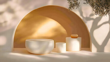 3D Podiums Display a Product with Sunlight and Leaves Background