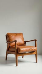 Obraz premium Sleek wooden frame chair with leather upholstery sits alone on a neutral background , monochromatic, wood furniture