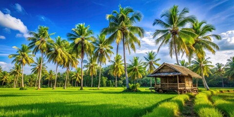 Fototapeta premium Serene Nipa Hut Surrounded by Lush Rice Fields and Towering Coconut Trees in Tropical Paradise