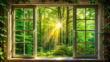 Serene Silhouette of a Large Window Framing a Lush Green Forest with Bright Light Filtering Through Trees