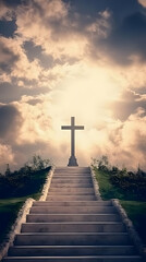 Stone Steps Lead to a Cross Under a Dramatic Sky with Lush Greenery