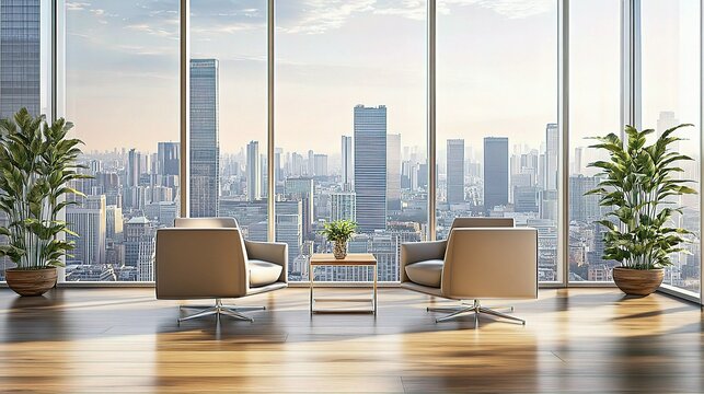 Skyline Office Interior: modern office interior with two elegant armchairs, a small table with plants, and huge glass windows offering panoramic views of a towering city skyline 