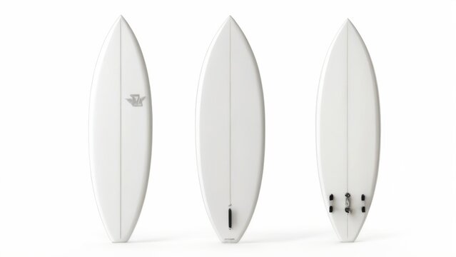 New White Surfboards in Triangular Formation on White Background