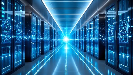 Connection network in servers data center room storage systems 3D rendering 