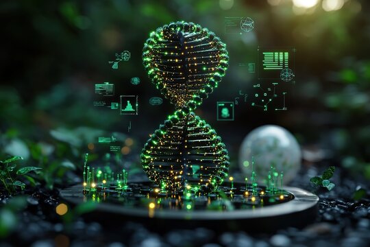 Glowing DNA helix with digital interface in nature.