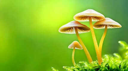 Fototapeta premium Tiny Mushrooms Thrive on Vibrant Green Moss in Nature's Embrace with Sunlight