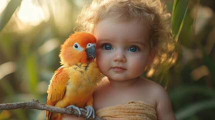 Adorable baby parrot chick warm tropical soft natural lighting heartwarming interaction innocence vibrant color peaceful nature photography island beach water ocean sea home perch beak exotic wild