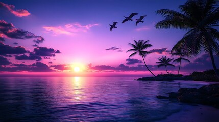 Obraz premium Tropical Sunset Paradise Birds Palm Trees Ocean