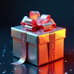 Sparkling ribbon wraps around a beautifully crafted gift box in metallic hues, sparkles, ribbon