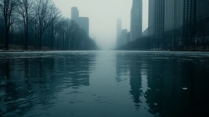 Cityscape Reflections on a Foggy Winter Waterway