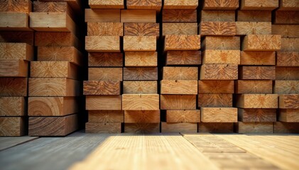 Stacked timber planks in a lumber yard with soft focus on grain patterns and wood texture, wooden planks, lumber