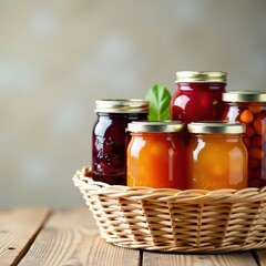Stack of homemade jam jars in a wooden basket, country living, rural life