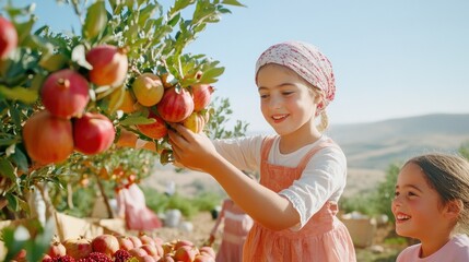 smiling children picking ripe pomegranates from a tree in an orchard under a bright blue sky, celebrating Tu BiShvat with joy and connection to nature.
