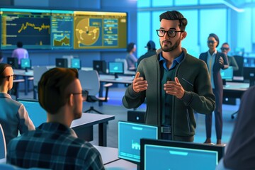 Tech-savvy team leader guides colleagues. Futuristic office, vibrant colors, dynamic scene.  New leadership in a high-tech environment.