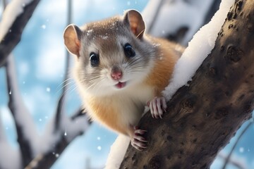Cute small rodent on a snowy tree with bright sky background