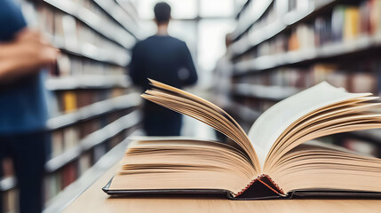 Open Book Lies on a Table in a Blurry Library Background with People